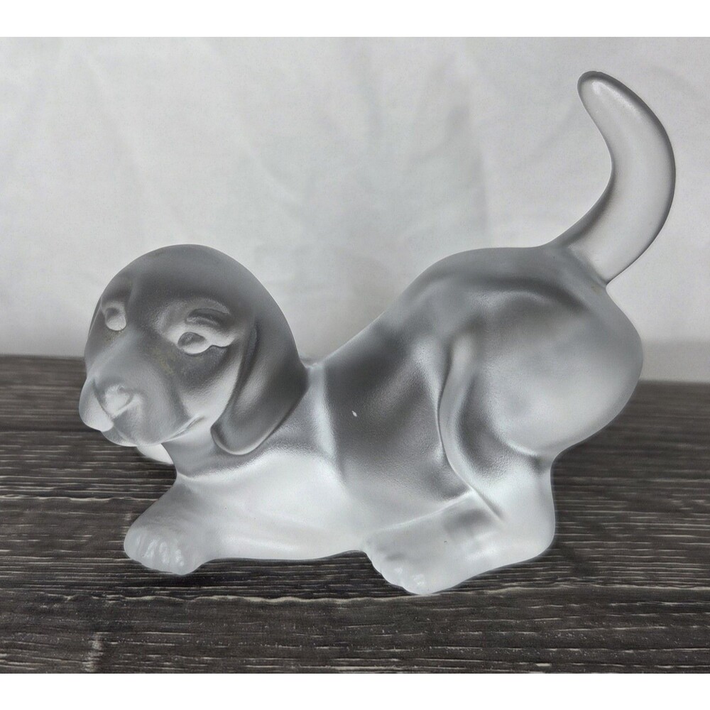 Vintage Fenton Clear Frosted Glass Playful Puppy Dog Signed Crystal Figurine